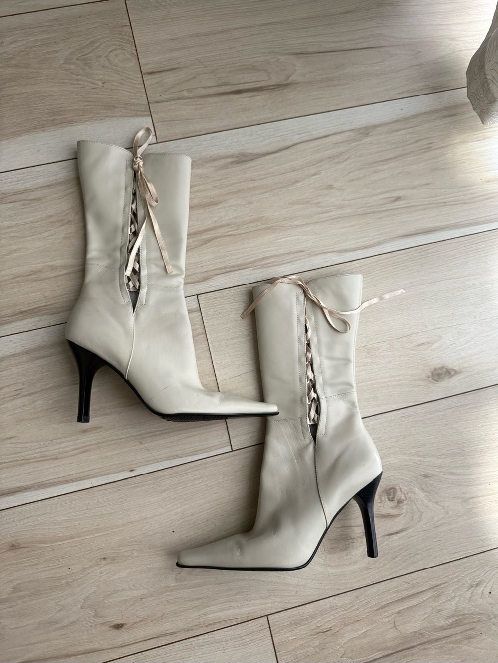 Leather Cream Lace-Up Mid-Calf Heeled Boots